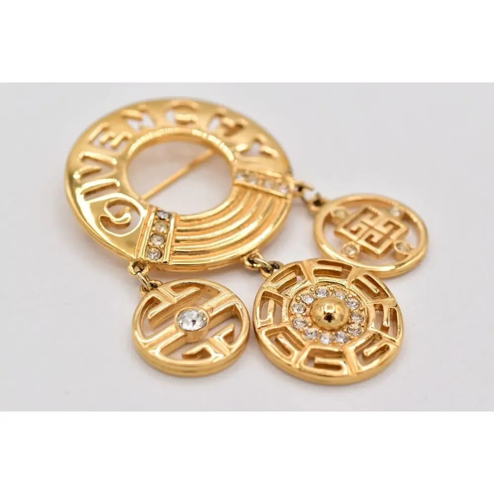 Givenchy Vintage Logo Charm Brooch Gold Pin Dangle Crystal Statement 1980s Bin5B - Picture 9 of 12